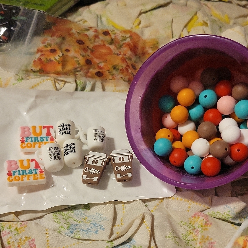 Silicone Coffee Charm (2) and Colorful Bead (12) Craft Set (No String)
